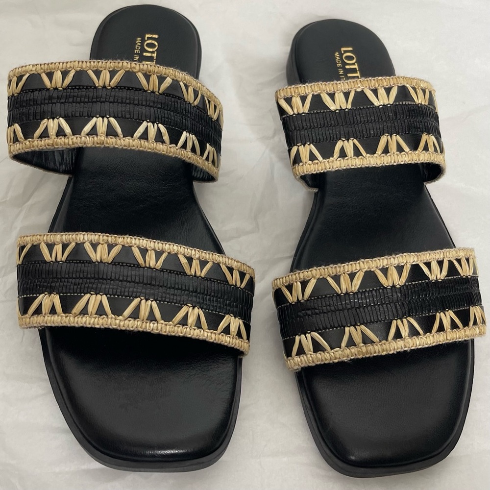 Lottini Woven Raffia Black Leather Double Strap Slide Sandals Women’s Size 9 US